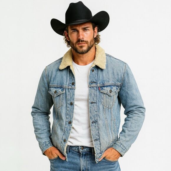 Levi's Other - Levis Denim Jacket Mens M Blue Sherpa Lined Trucker Red Tab Western Light Wash